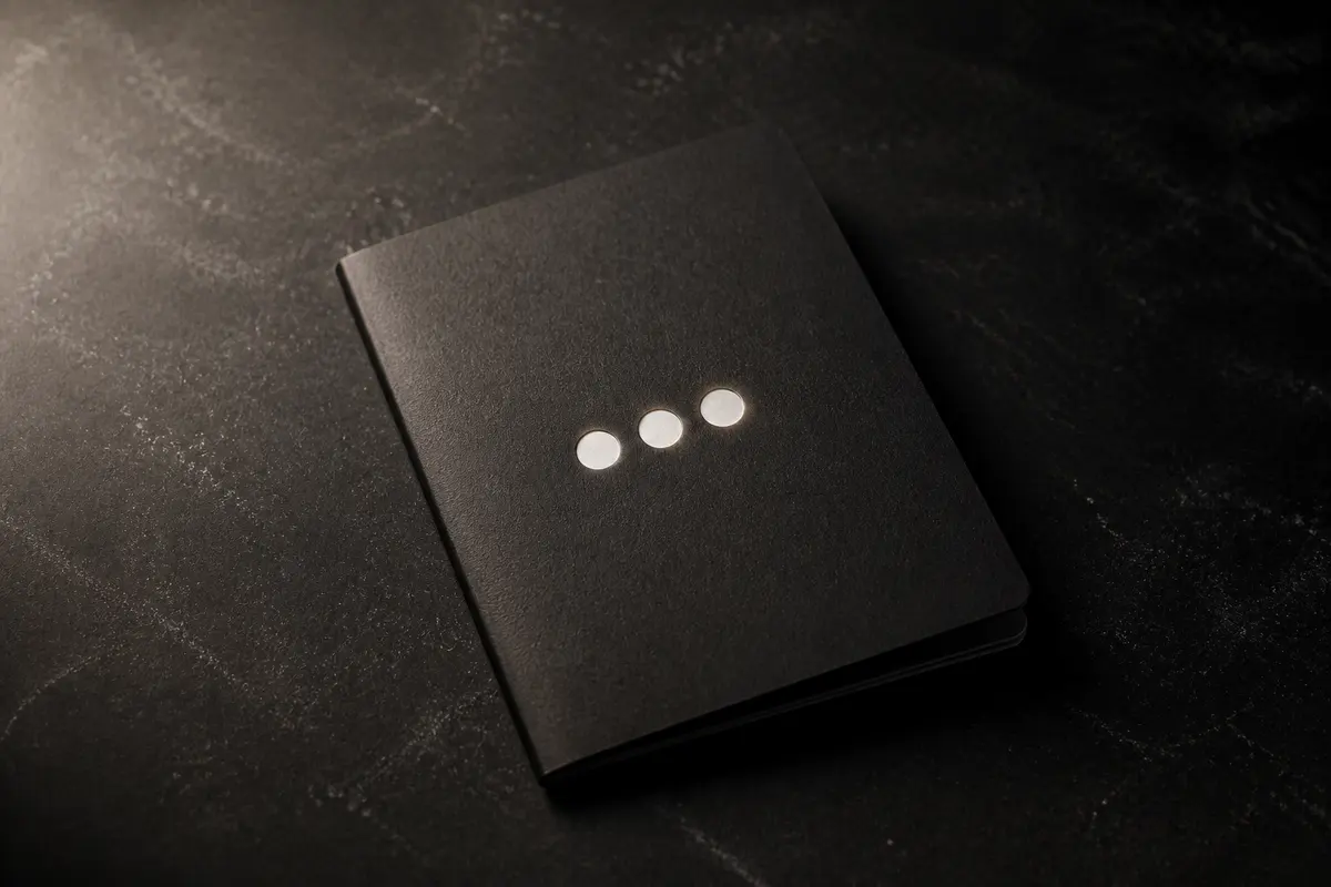 A dark charcoal booklet resembling a passport, embossed with three circles catching warm light.